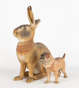 Life Size Terra Cotta Rabbit and Bulldog