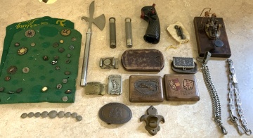 Group of Buttons, Belt Buckles, Match Safe, Coin Purse, Telegraph Ticker, Group of Leather Pouches, Canteen, Holsters, Slings, & Remnants & Military Items