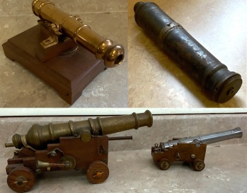 (2) Spanish Cannon, Steel Cannon Barrel, Brass Cannon and Cannon Ball