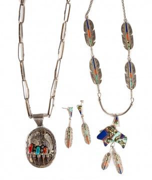 (2) Navajo, Silver, Turquoise and Hardstone Necklaces and Earrings