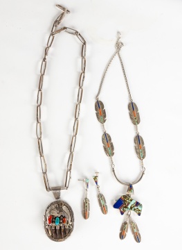 (2) Navajo, Silver, Turquoise and Hardstone Necklaces and Earrings