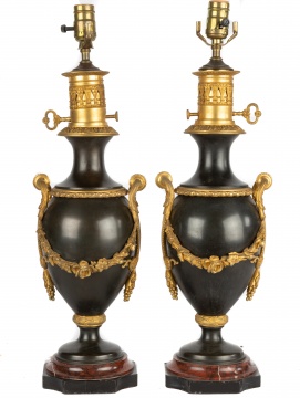 Pair of French Gilt Metal Lamp Bases with Marble Base