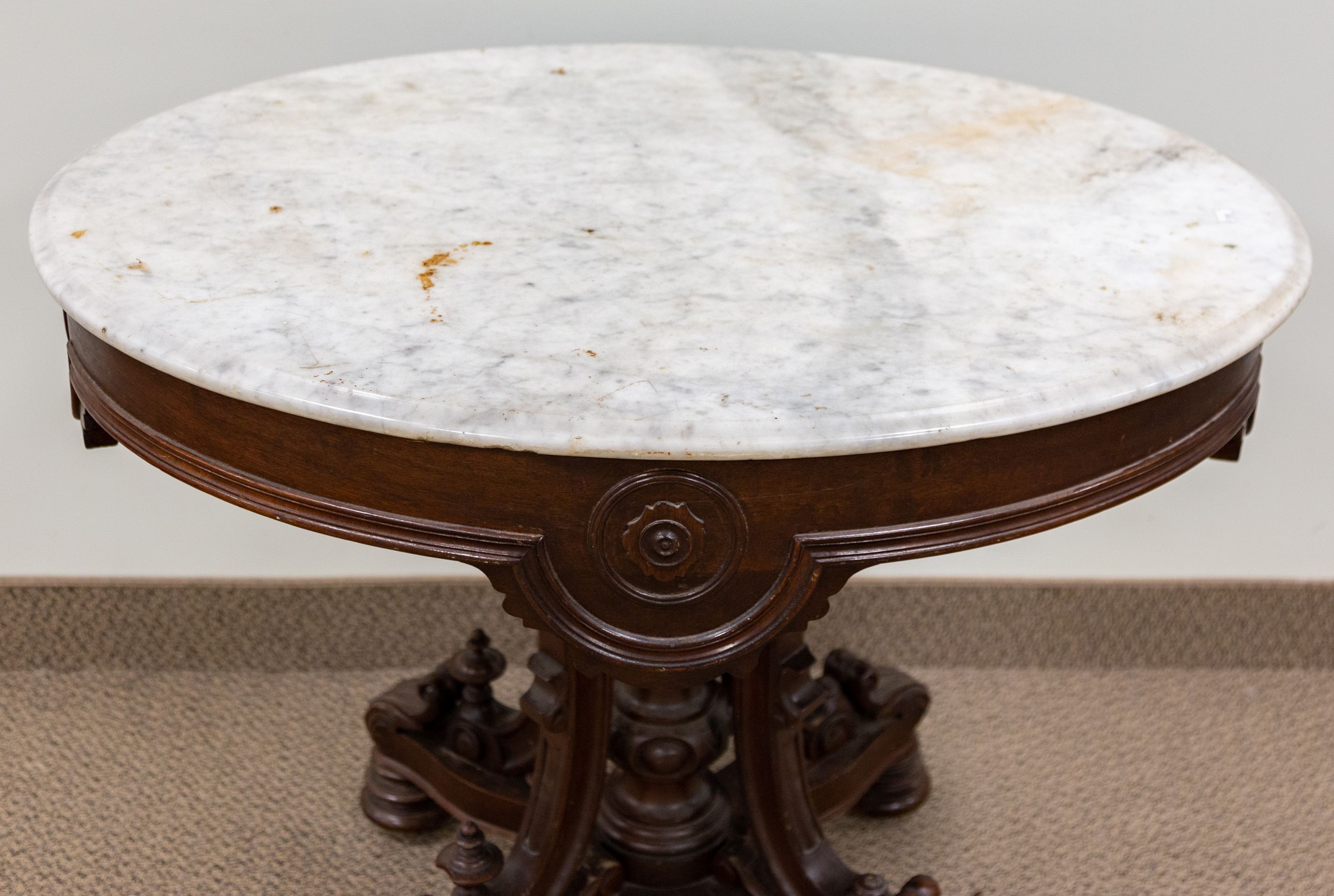 Attributed to Thomas Brooks Victorian Carved Walnut Oval Marble Top