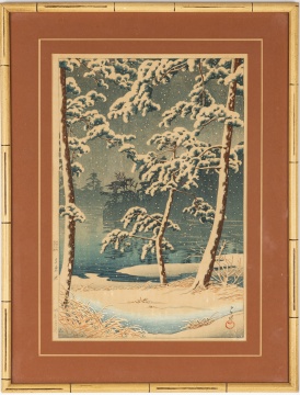 Kawase Hasui (Japanese, 1883-1957) Snow at Senzokuike (Senzoku Pond)