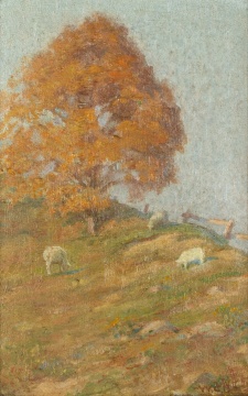 Illegible Artist, Landscape Painting with Sheep