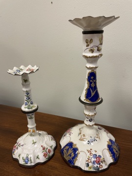 Two Pair French Enameled Hand Painted Candlesticks