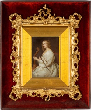 Hand Painted Porcelain Plaque of a Young Woman Playing a Viola da Gamba