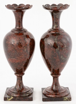 Pair of Carved Brecciated Jasper Urns