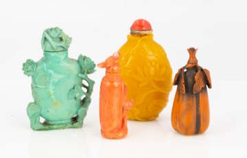 (4) Chinese Coral, Turquoise & Carved Wood Snuff Bottles