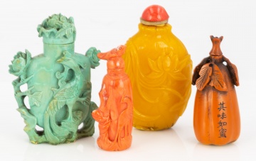 (4) Chinese Coral, Turquoise & Carved Wood Snuff Bottles