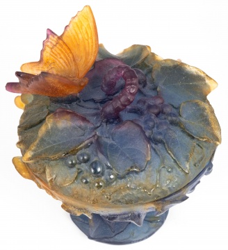 Daum Nancy Pate De Verre Covered Compote with Butterfly