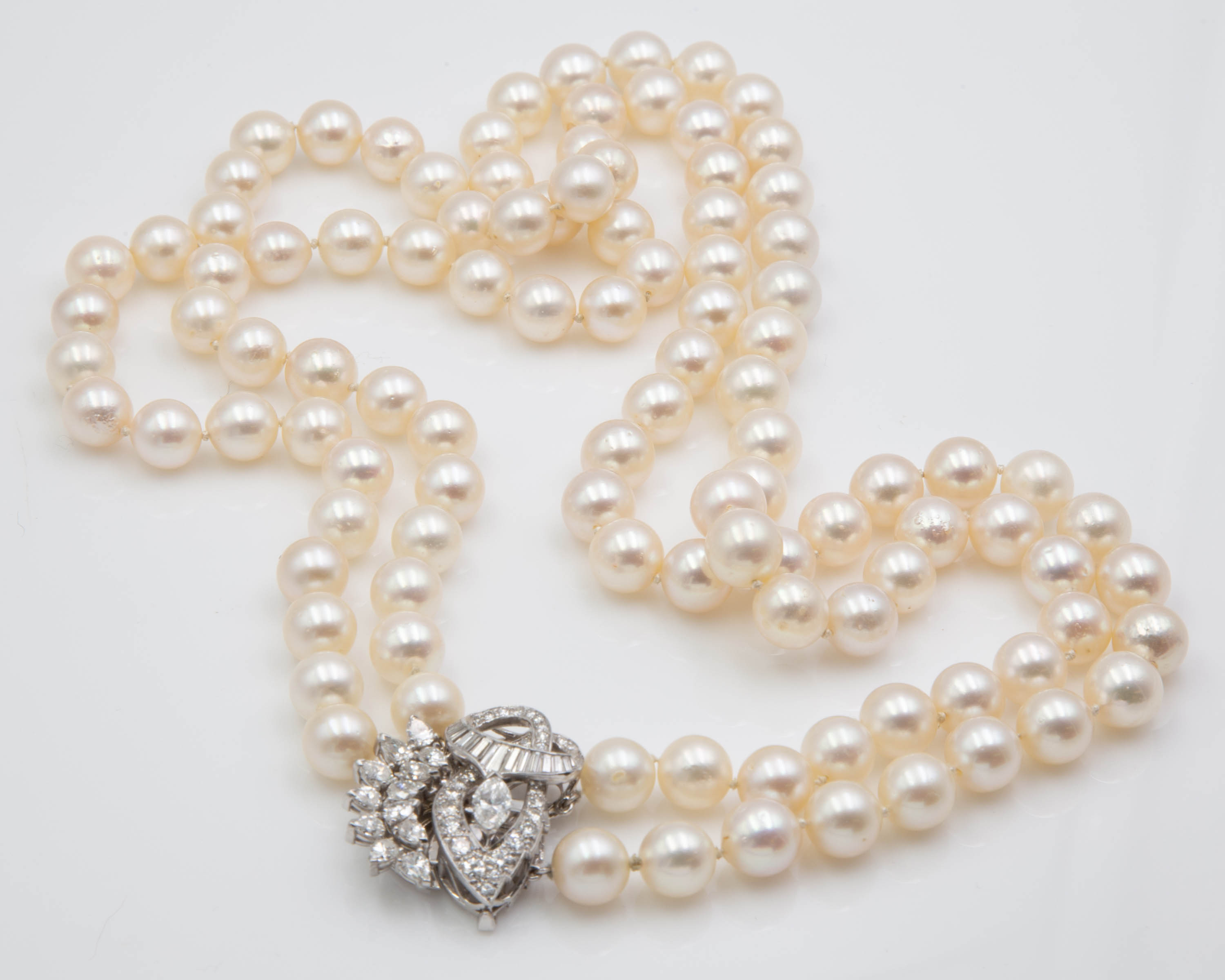 Double Strand Pearl Necklace with 14K Gold and Diamond Clasp