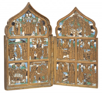 Russian Enameled Bronze Diptych Icon