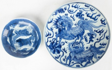 Chinese Blue and White Porcelain Qilin Charger & Dragon Dish