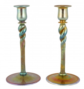 Steuben Gold Aurene Candlesticks with Twisted Stem