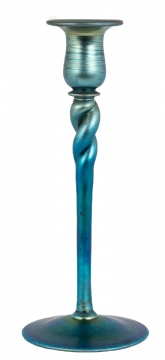 Large Steuben Blue Aurene Candlestick with Twisted Base