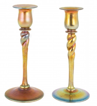(2) Similar Steuben Gold Aurene Candlesticks with Twisted Stem