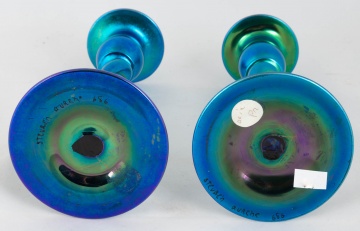 Steuben Blue Aurene Candlesticks with Twisted Stem
