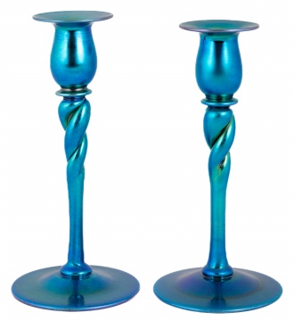 Steuben Blue Aurene Candlesticks with Twisted Stem