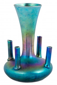 Unusual Steuben Blue Aurene Stemmed Vase