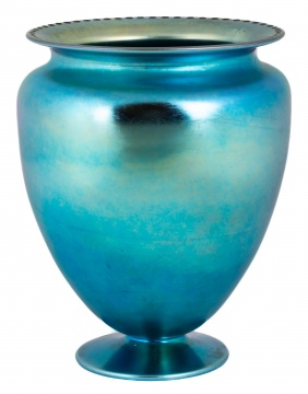 Large Steuben Blue Aurene Vase with Etched Rim