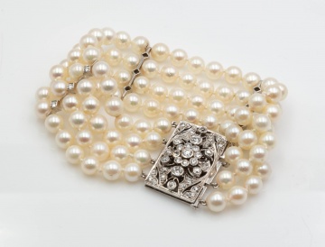 Four Strand Pearl Bracelet with 18K Gold and Diamond Clasp