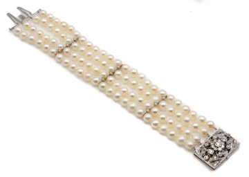 Four Strand Pearl Bracelet with 18K Gold and Diamond Clasp