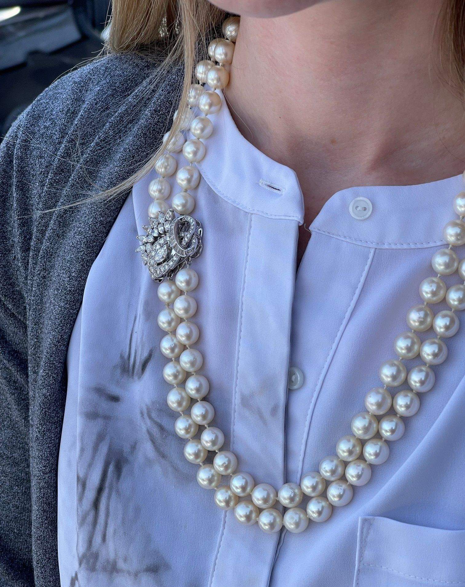 Double Strand Pearl Necklace with 14K Gold and Diamond Clasp | Cottone ...