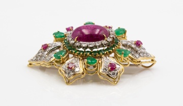 18K Gold, Diamond, Emerald, Ruby and Cabochon Clip/Brooch