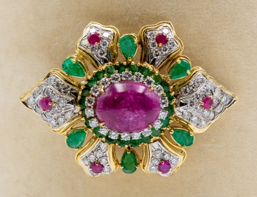 18K Gold, Diamond, Emerald, Ruby and Cabochon Clip/Brooch