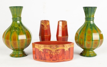 Pair of Bohemia Lithyalin Glass Vases and (3) Piece Garniture