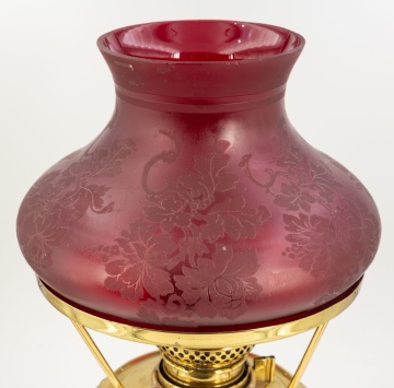 Miniature Bradley & Hubbard Oil Lamp with Acid Etched Cranberry Shade