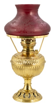 Miniature Bradley & Hubbard Oil Lamp with Acid Etched Cranberry Shade