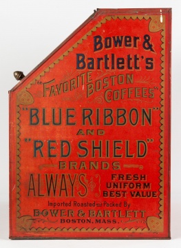 19th Century Bower & Bartlett's Boston Coffee, Blue Ribbon Brand Tin Litho Bin