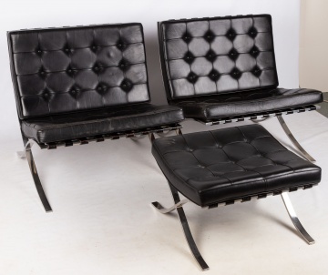 Pair Mies Van Der Rohe Barcelona Chairs & Ottoman