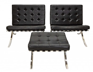 Pair Mies Van Der Rohe Barcelona Chairs & Ottoman