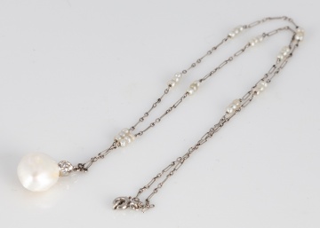 Platinum, Natural Pearl and Diamond Necklace