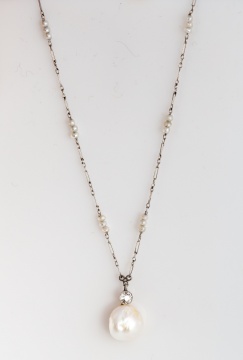 Platinum, Natural Pearl and Diamond Necklace