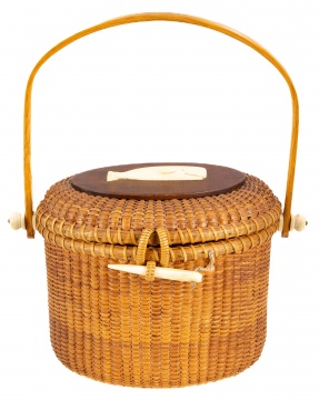 Vintage Nantucket Basket with Scrimshaw by Paul F. Whitten