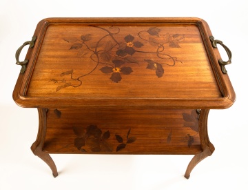 Louis Majorelle (French, 1859-1926) Marquetry Inlaid Mahogany Two Tier Parlant Table