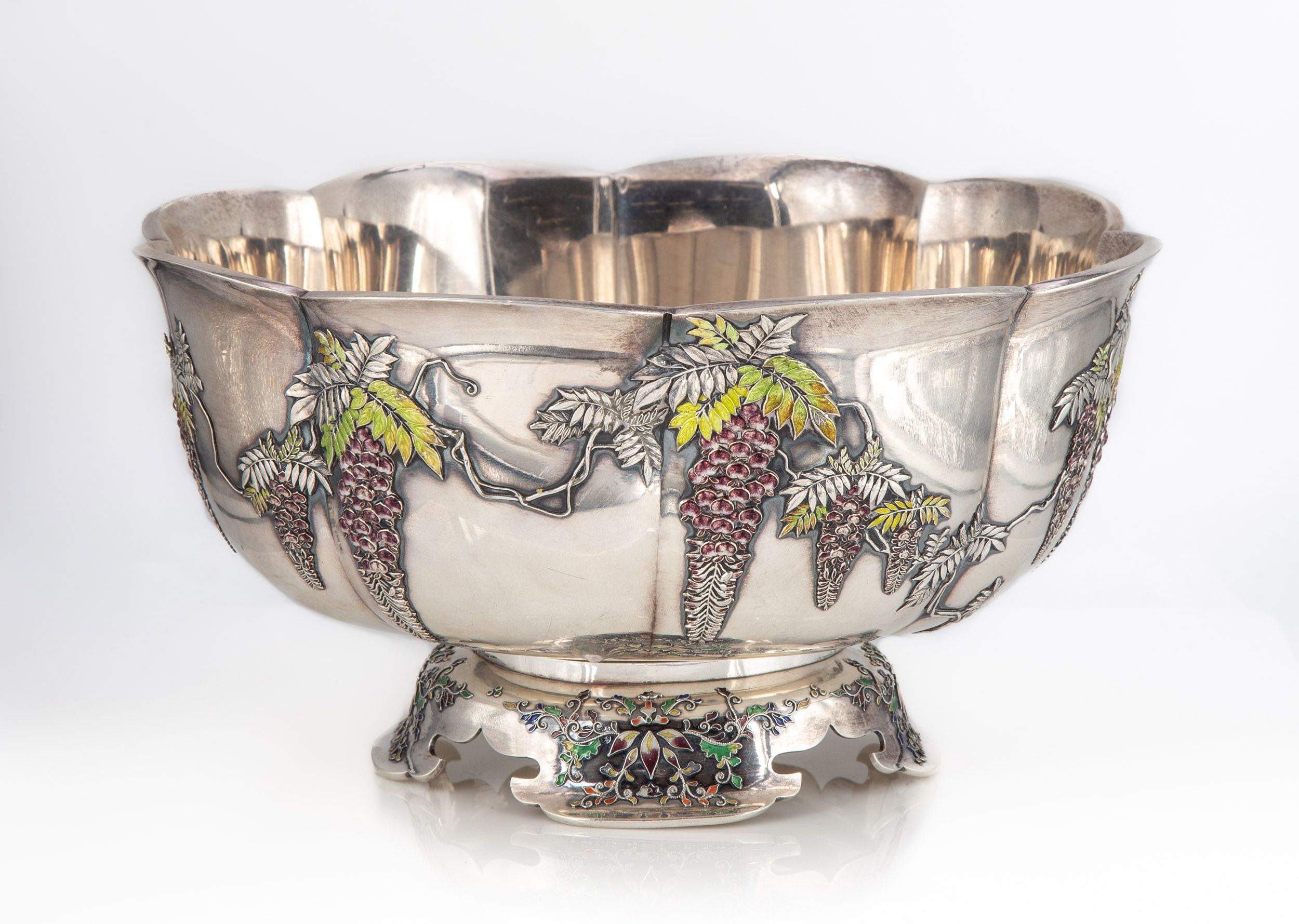 Japanese Export Silver and Enamel Wisteria Bowl, Sanju Saku