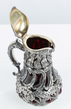Elaborate Whiting Art Nouveau Sterling Silver and Blown Glass Ewer