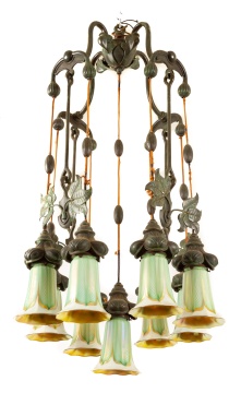 Art Nouveau Bronze Hanging Fixture with (9) Quezal Shades