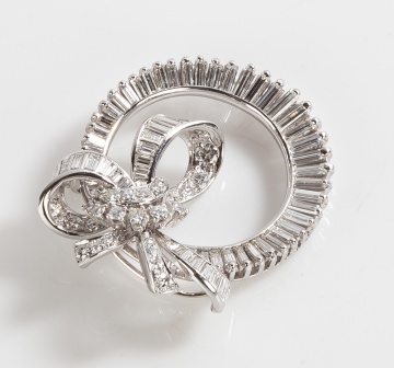 Lady's Art Deco Platinum and 3.76 ct Diamond Circle/ Bow Motif Brooch