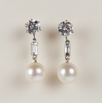 Lady's 14K Gold, Pearl and 1.82 ct Diamond Drop Earrings