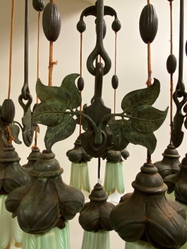 Art Nouveau Bronze Hanging Fixture with (9) Quezal Shades