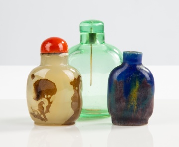 (3) Chinese Hardstone, Glass & Earthenware Snuff Bottles