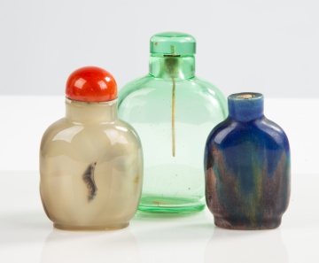 (3) Chinese Hardstone, Glass & Earthenware Snuff Bottles