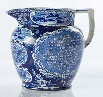 Historical Blue Transfer Ware Staffordshire Pitcher of The Grand Erie Canal