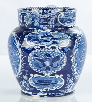 Historical Blue Transfer Ware Staffordshire Pitcher of The Grand Erie Canal